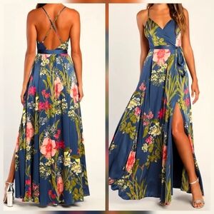 Lulus Still the One Blue Floral Print Satin Backless Maxi Dress